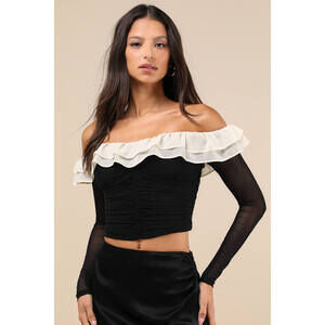 Lulus Extraordinary Flirt Black Mesh Ruffled Crop Top - Size M
